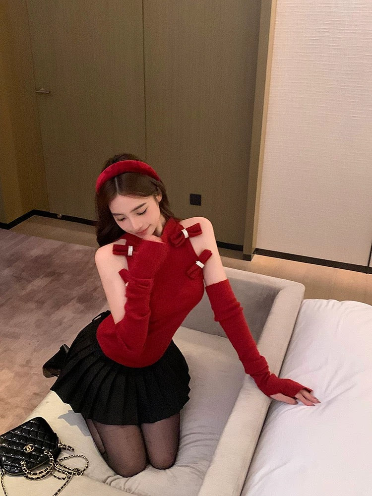 Bows Knitted Red Top With Sleeve
