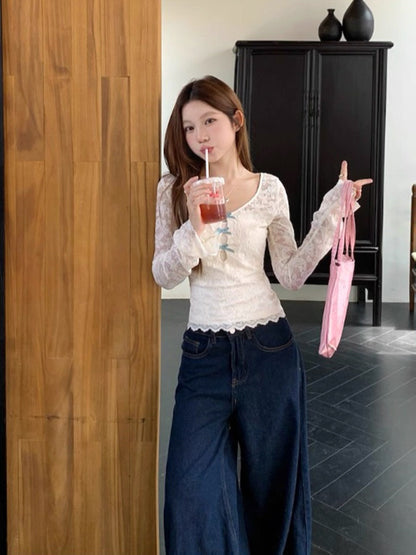 Blue Bows Lace Beige Long Sleeve Top