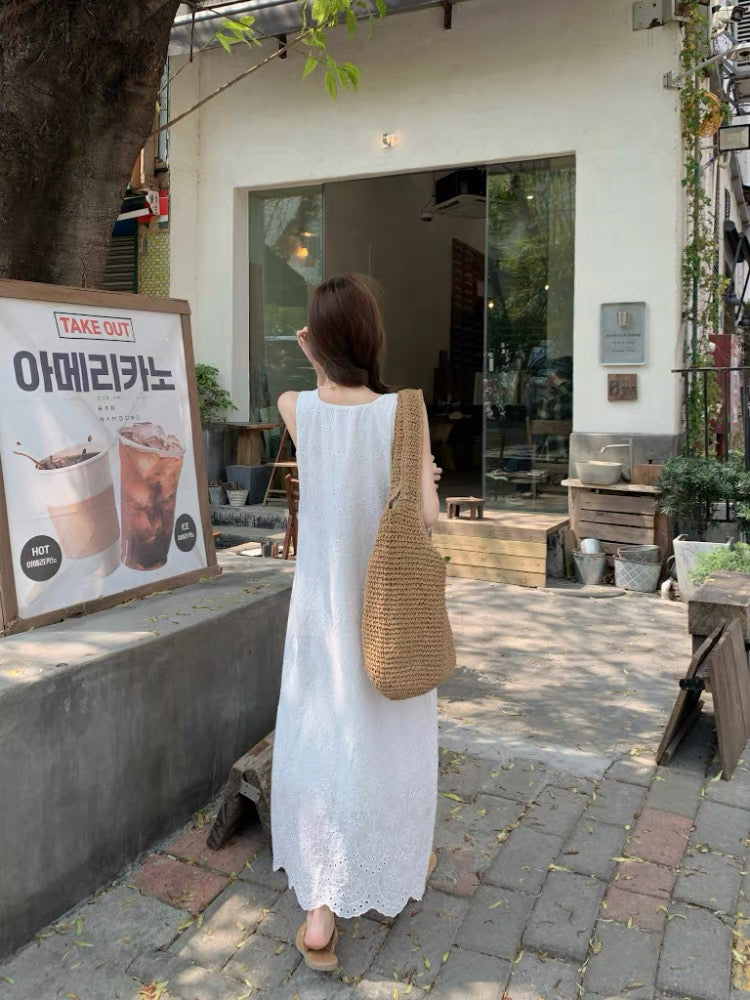 U Collar Embroidery Long Dress (Beige, White)