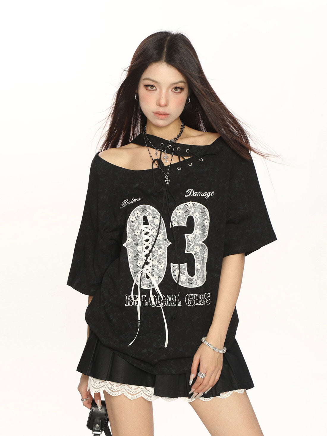 Off Side Shoulder Short Sleeve Ball Tee Top