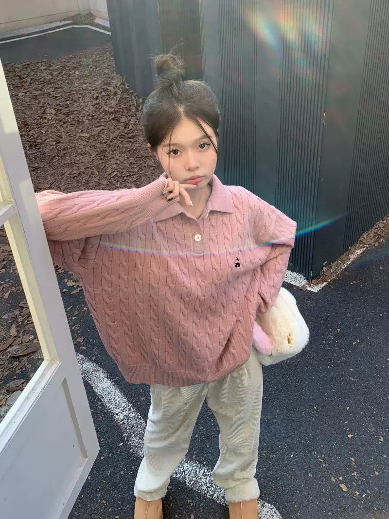 Collar Long Sleeve Cherry Knitted Top (Blue, Pink)