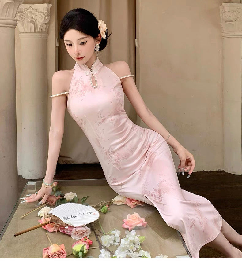 Pearl Strap Pink Cheongsam CD002 Long Dress (S)