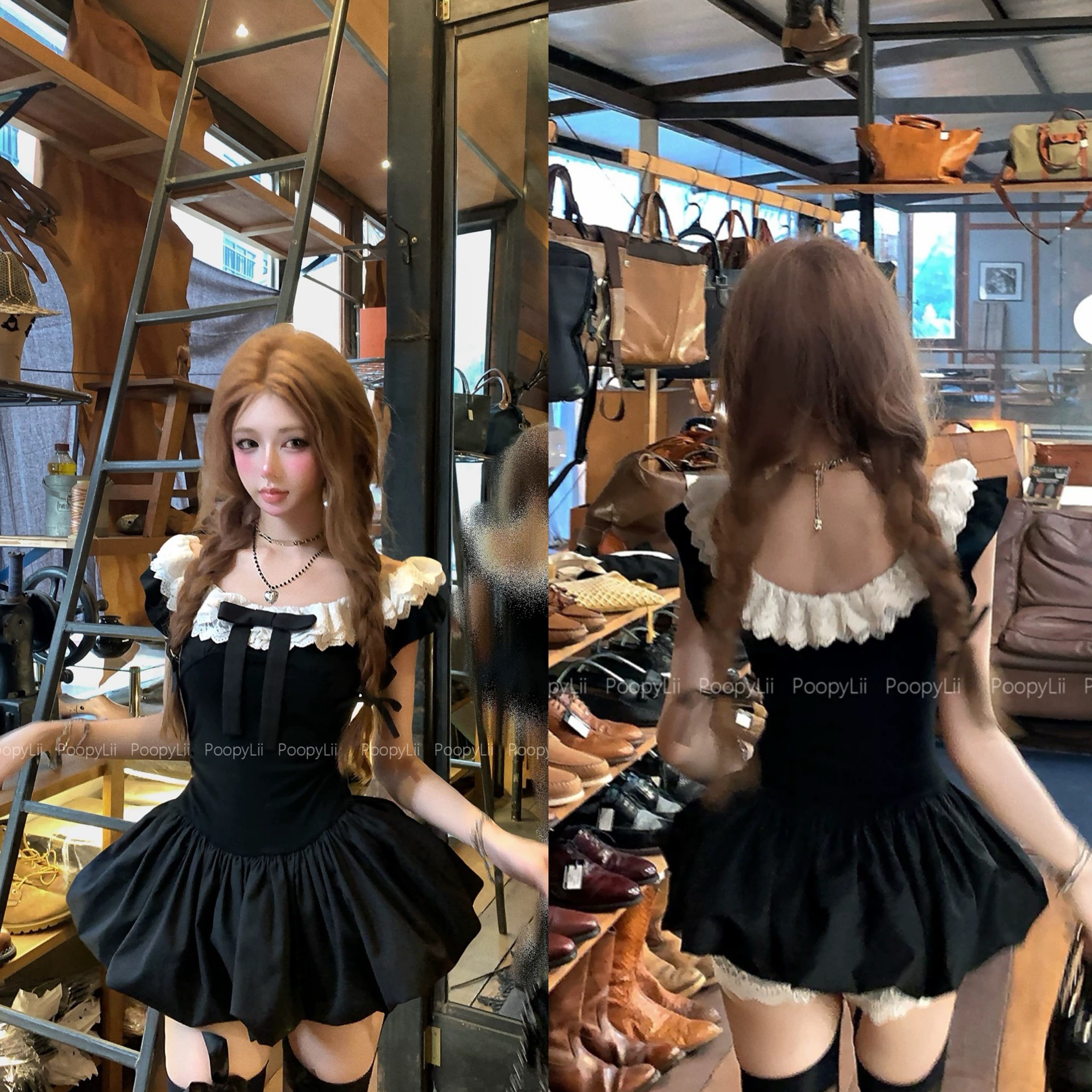 White Lace Collar Black Dress + Shorts Two Piece Set