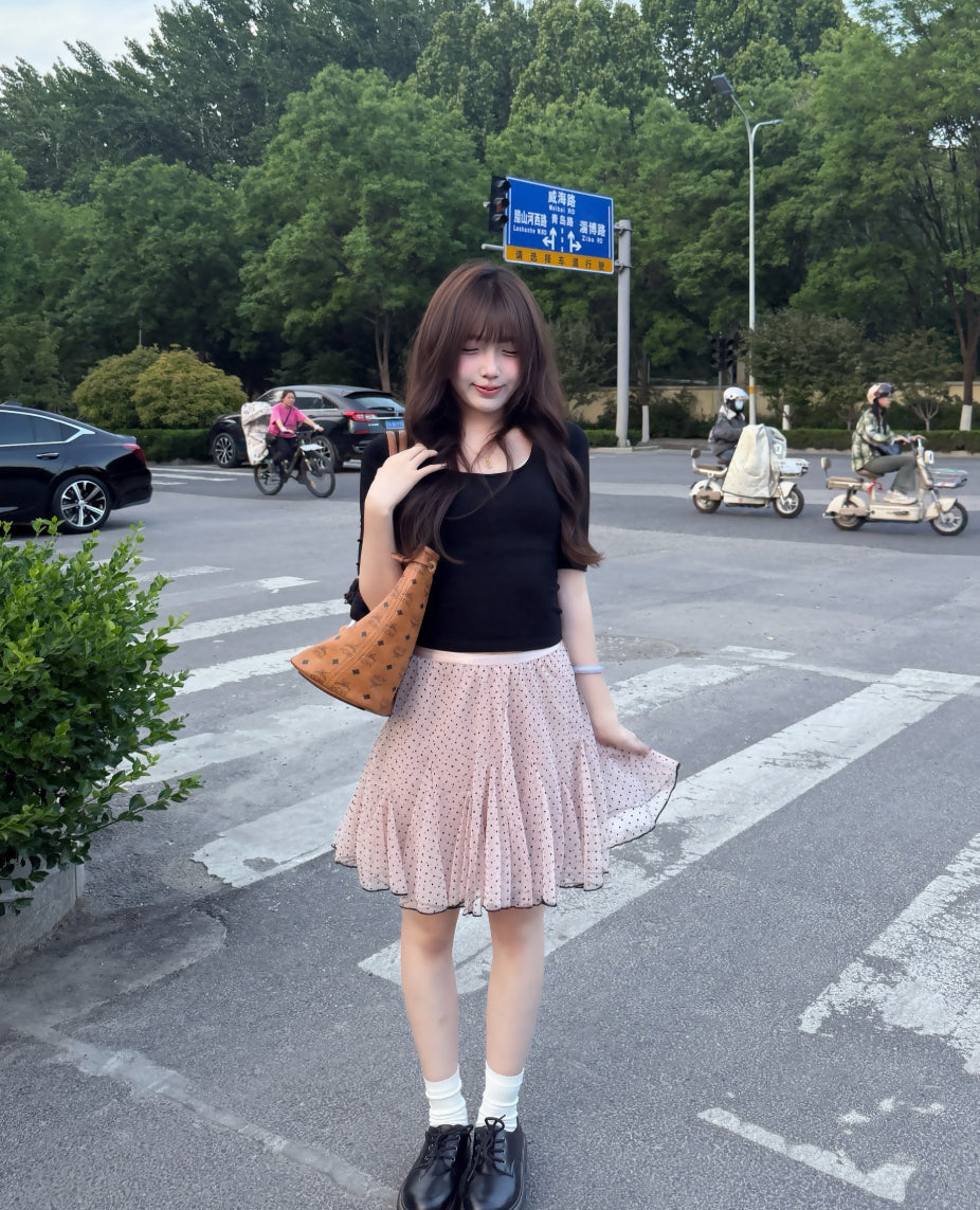 Peach Pink High Waist Polka Dot Mesh Skirt SK39