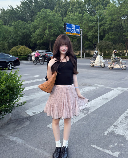 Peach Pink High Waist Polka Dot Mesh Skirt SK39