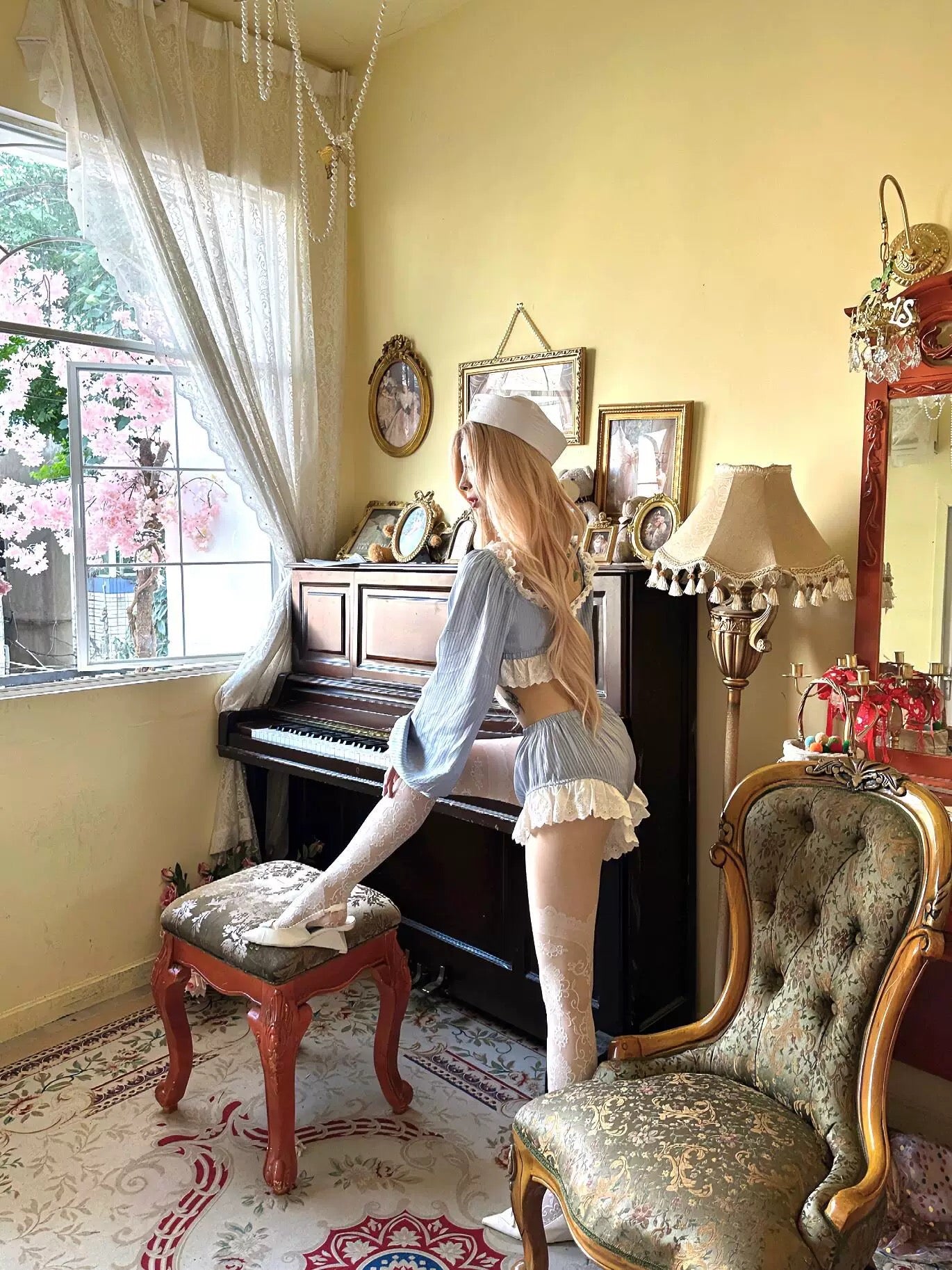 Blue Stripe Crop Top + Mini Shorts Two Piece Set