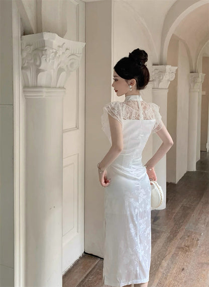 Lace Collar White Cheongsam CD001 Long Dress (S)