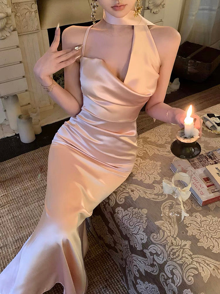Silky Champagne Side Collae Long Dress (S)