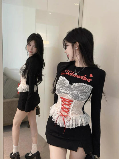 Lace Up Black Long Sleeve Crop Top