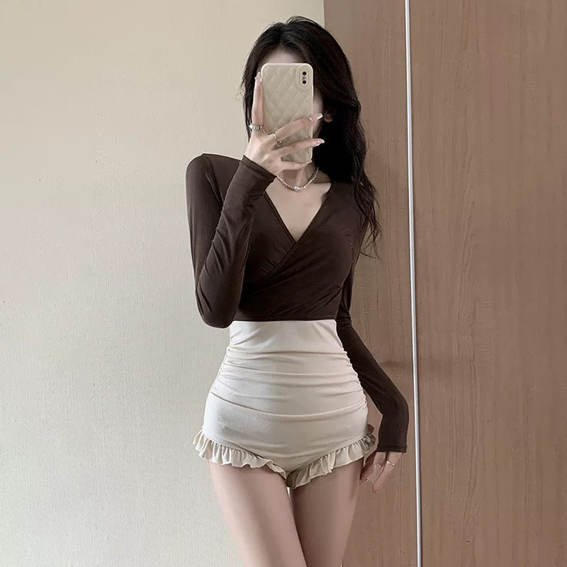 Brown Beige Swimsuits Two Piece Set