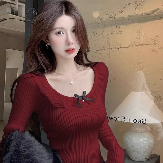 Red Knitted Long Sleeve Top