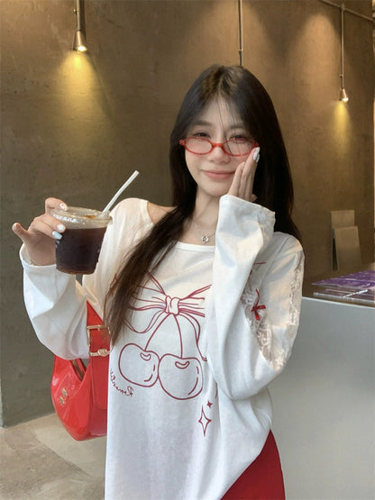 Red Ribbon White Long Sleeve Top