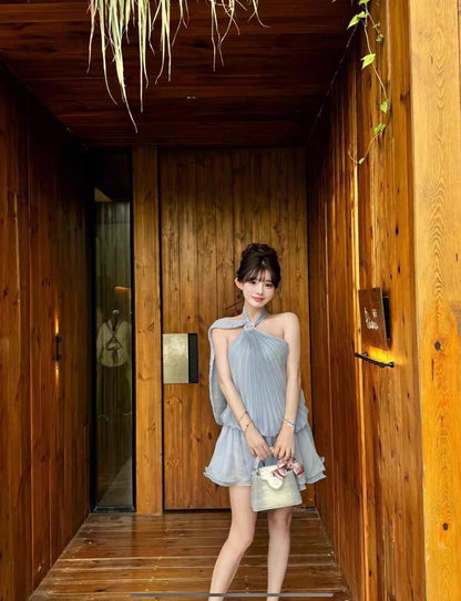 Chiffon Blue Pleated Dress