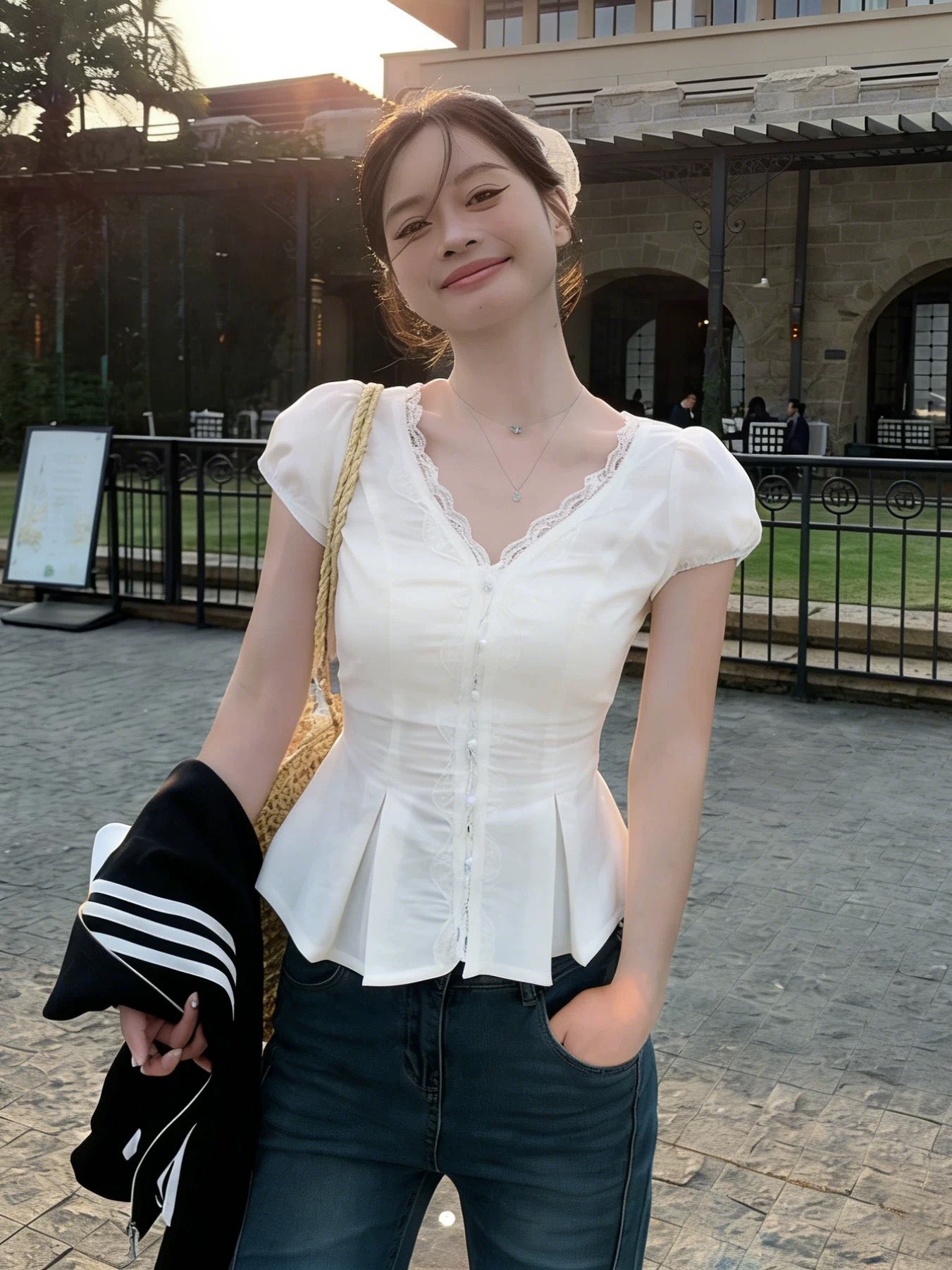 V Collar White Top