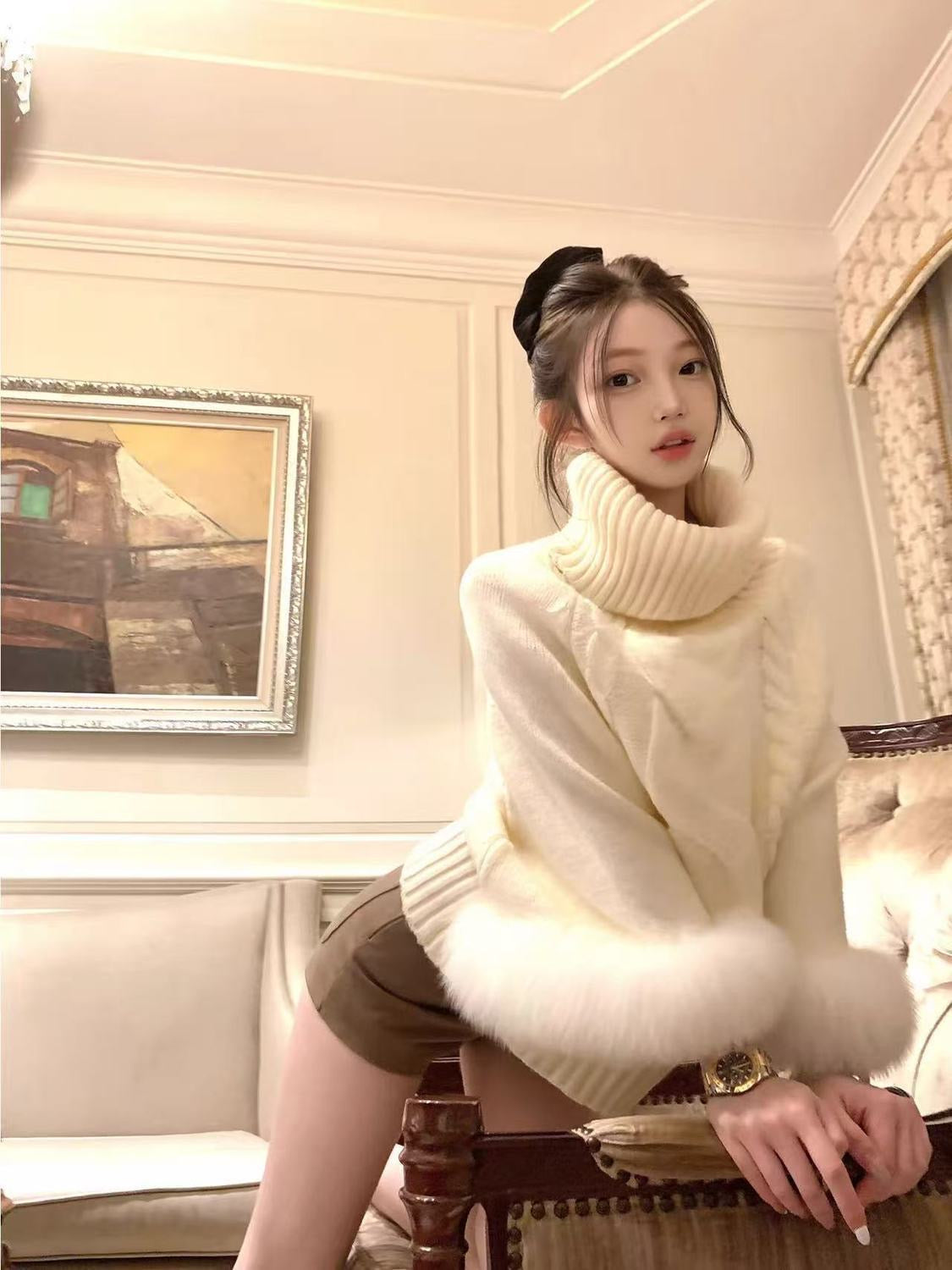Fur Sleeve Multi Wear Collar Knitted Top (Cream, Brown)