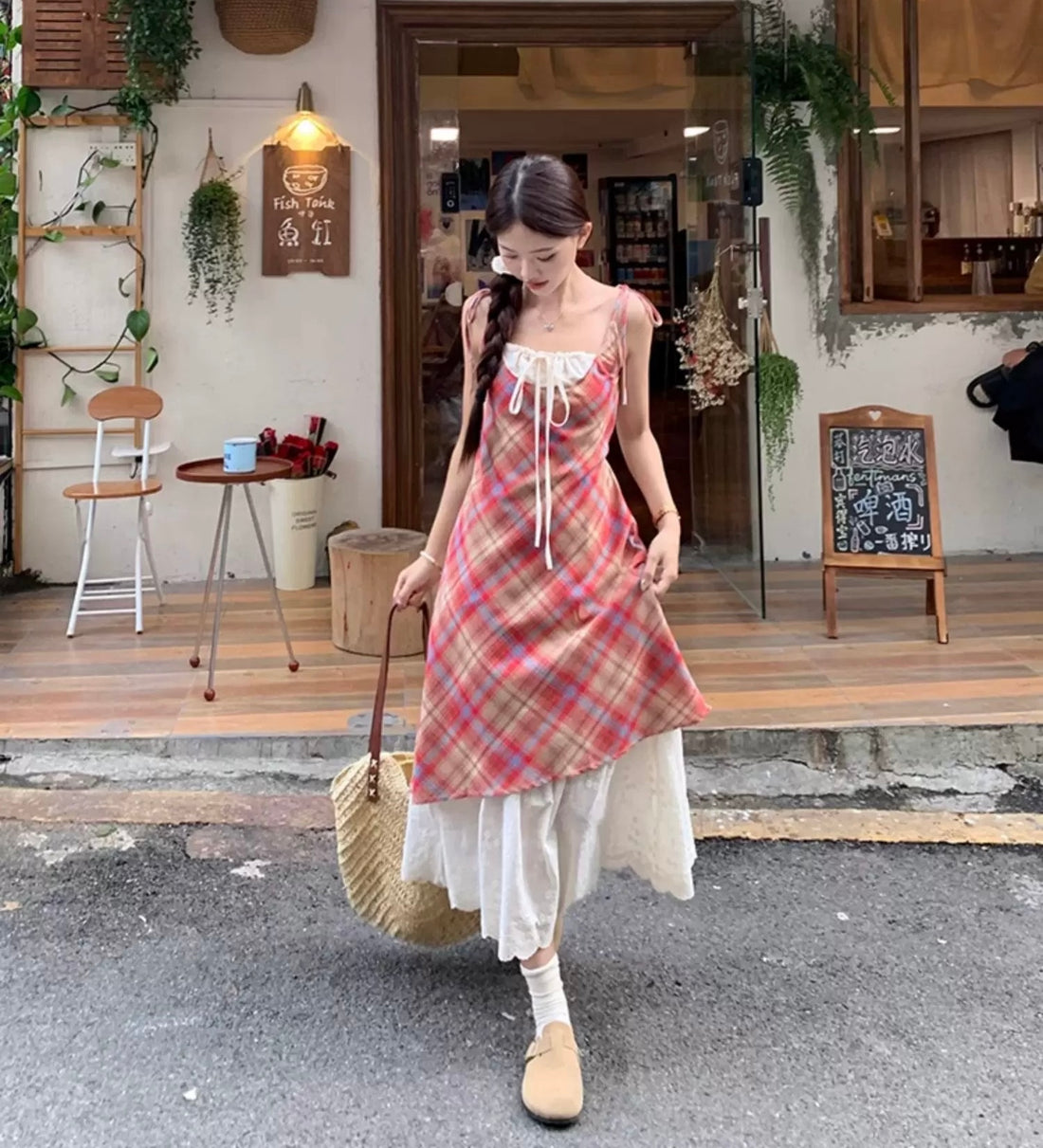Beige Red Grid Long Dress