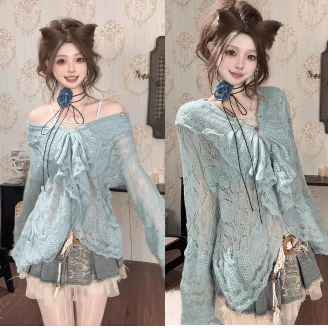 Blue Long Sleeve Knitted Top Outerwear
