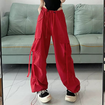 High Waist Strap Cargo Long Pants (Red, Black)