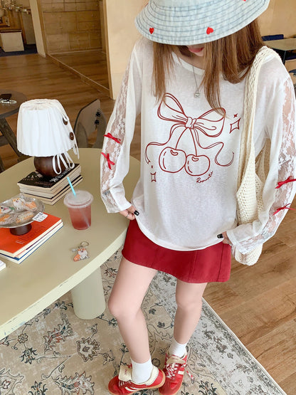 Red Ribbon White Long Sleeve Top