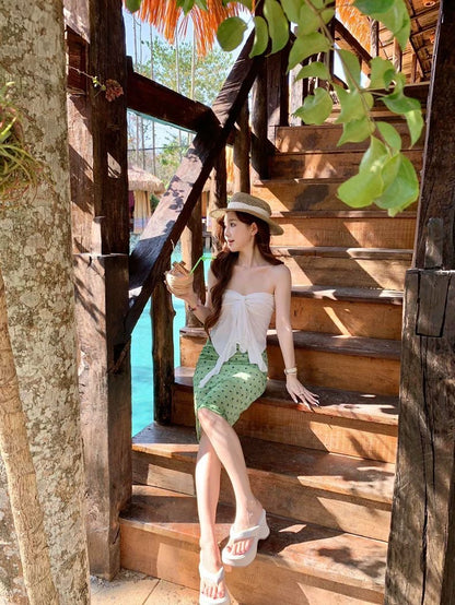 White Top + Green Polka Dot Skirt Two Piece Set