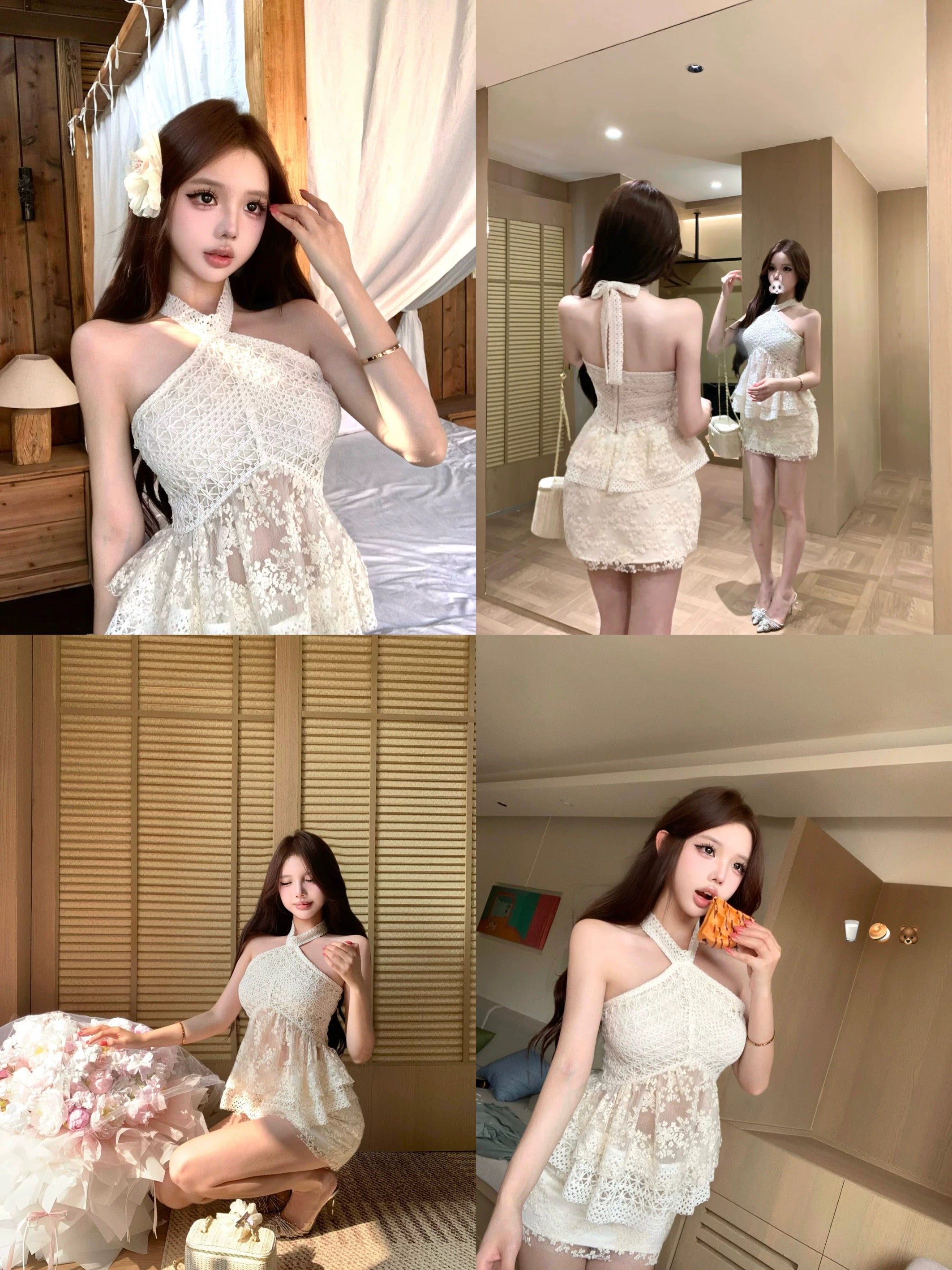 Embroidery Beige Top + Skirt Two Piece Set(XS, S, M)