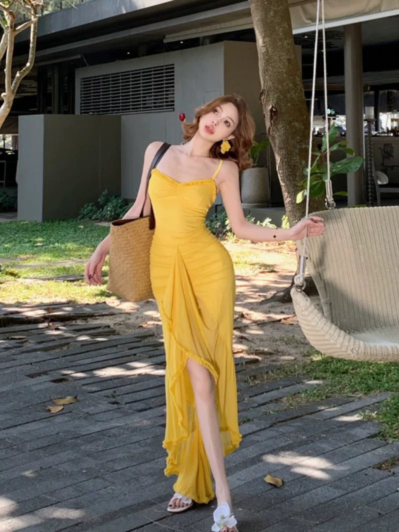 Yellow Unequal Strap Dress (S)