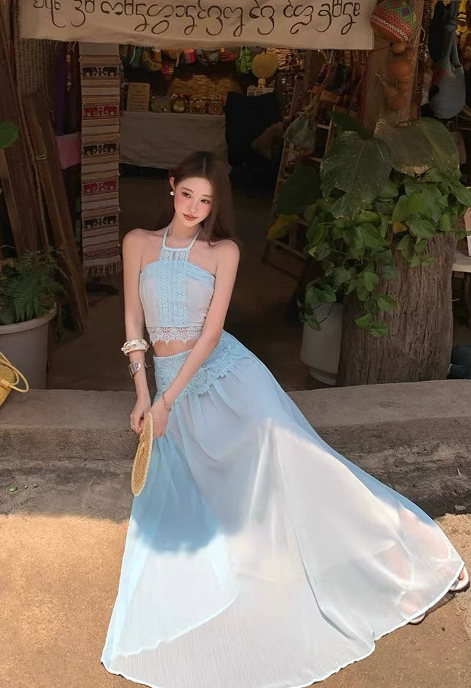 Embroidery Chiffon Two Piece Set (Blue, Beige)