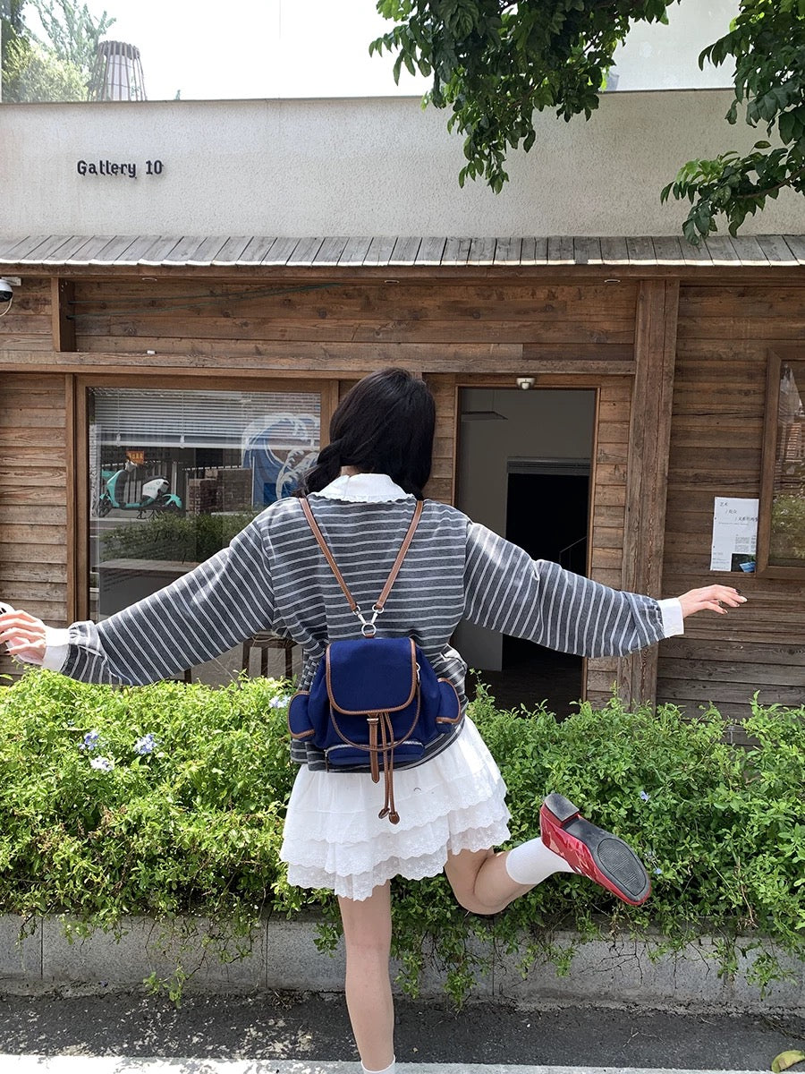 White Collar Stripe Long Sleeve Top