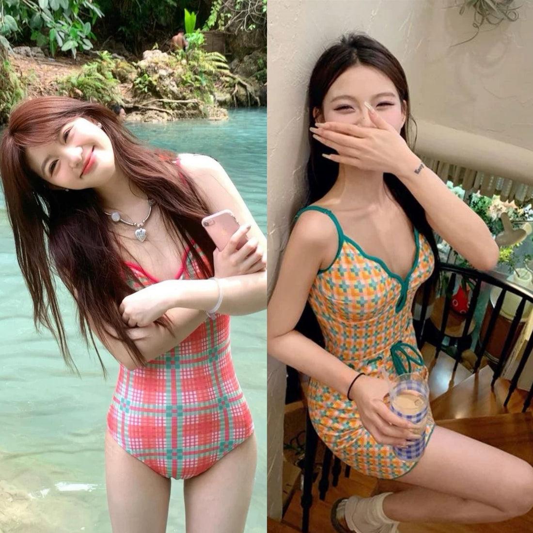 Two Toned Ginham Swimsuits + Skirt BK17 Two Piece Set