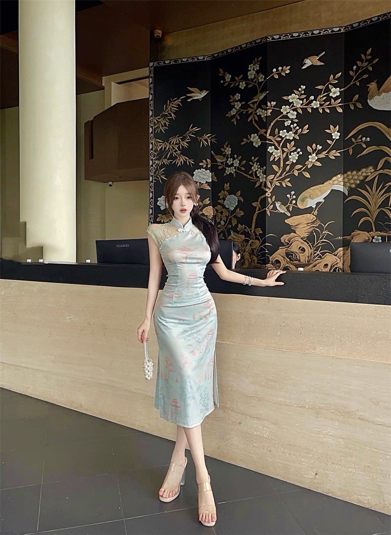 Green Lace Collar Cheongsam CD007 Long Dress