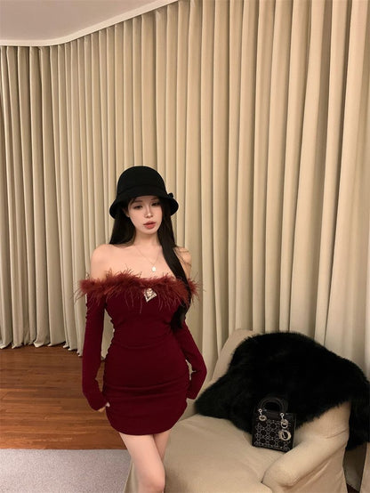 Christmas Off Shoulder Long Sleeve Wine Red Dress C005