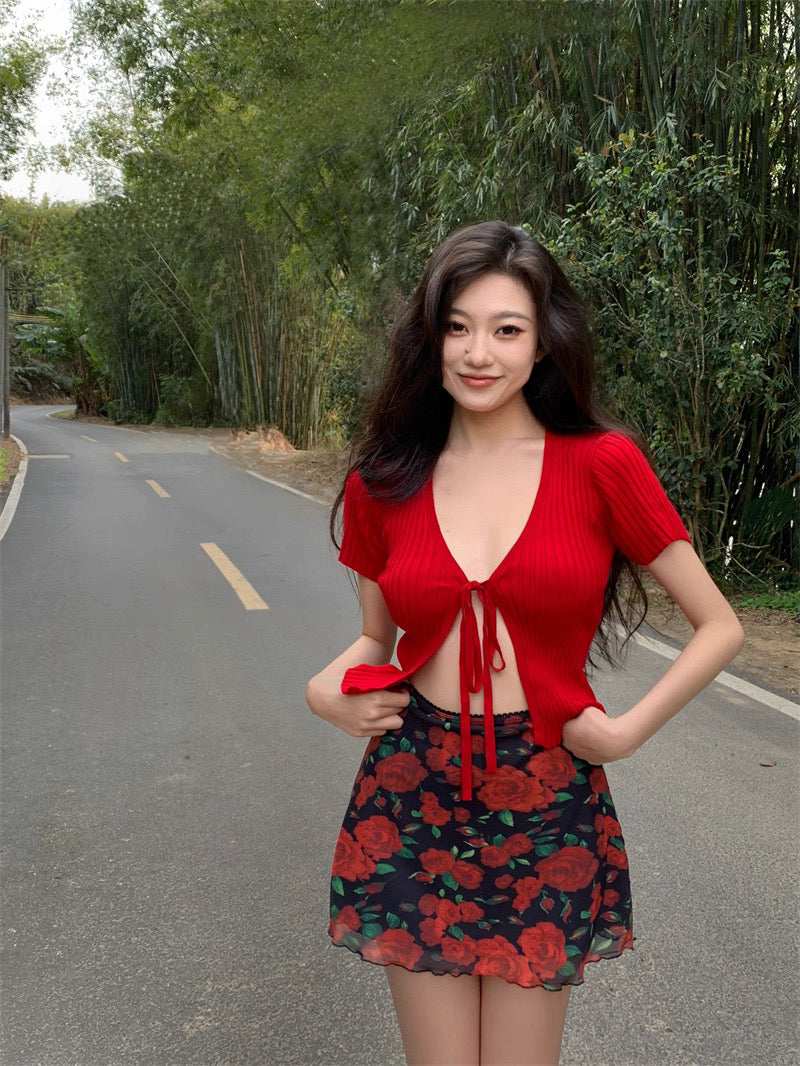 Red Short Sleeve Knitted Cardigan