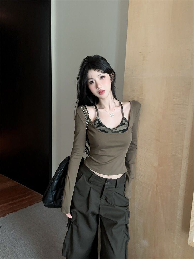 Army Print Long Sleeve Green/Grey Top