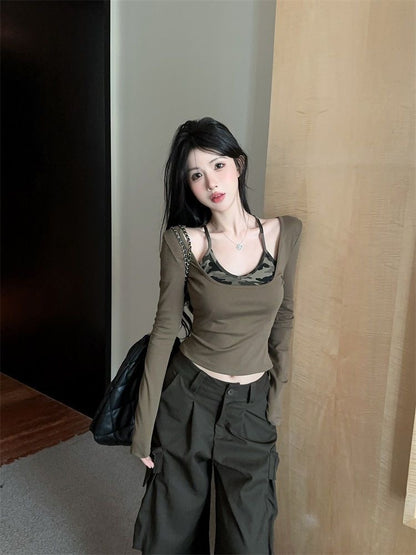 Army Print Long Sleeve Green/Grey Top