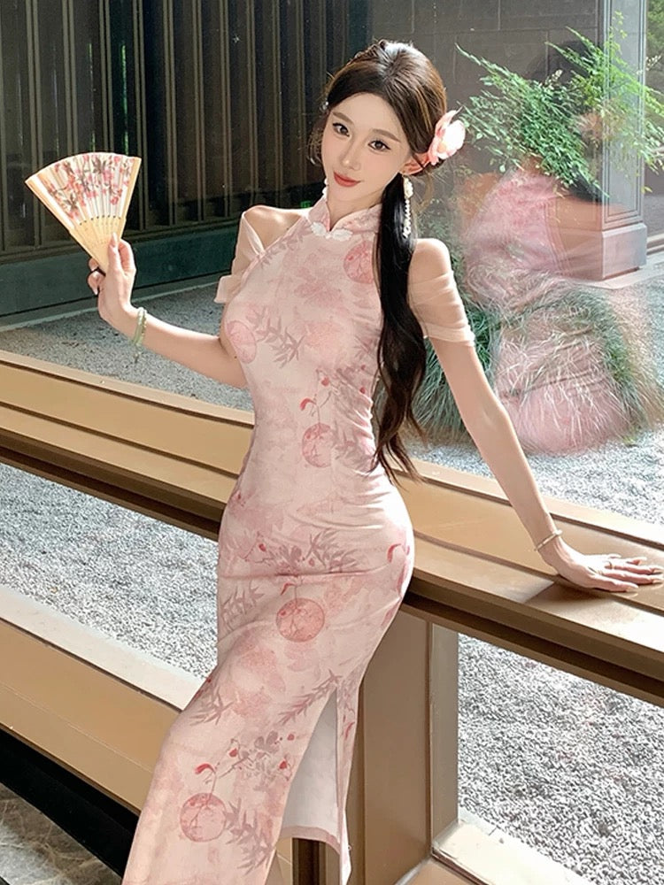 Pink Mesh Sleeve Cheongsam CD016 Long Dress (M）