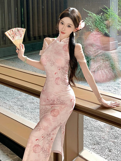 Pink Mesh Sleeve Cheongsam CD016 Long Dress (M）