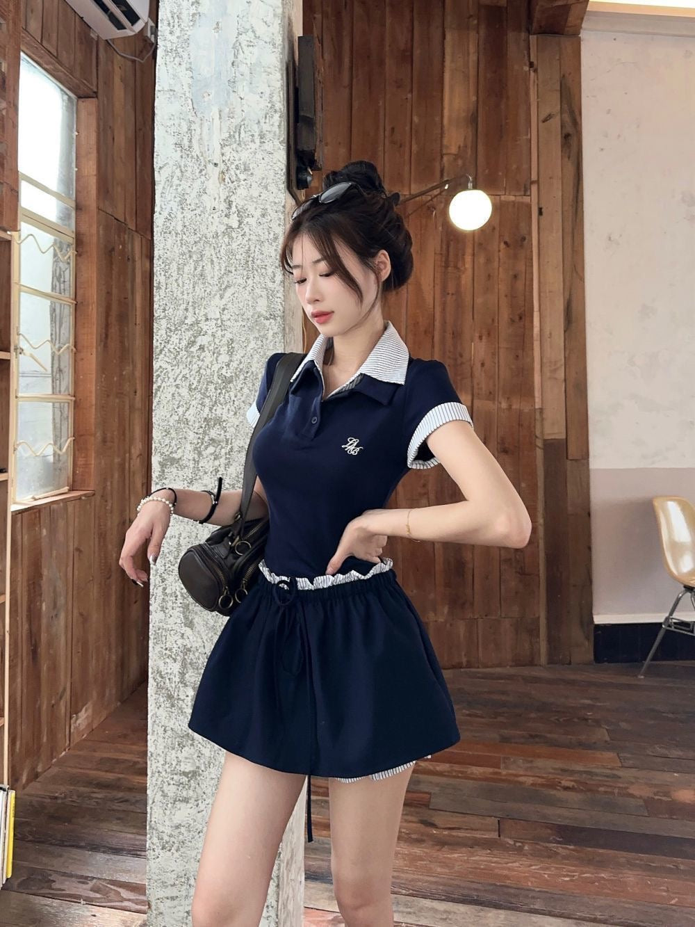 Navy Top + Skirt Two Piece Set (S,M）
