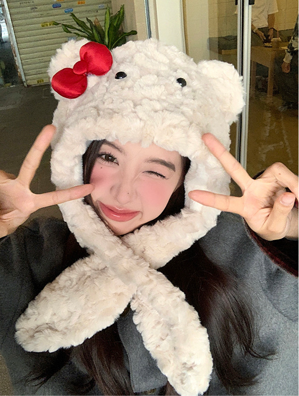 Red Bow Teddy Milktea Fuzzy Hat