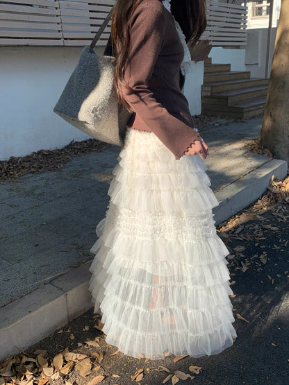 Creamy Layered Mesh Long Skirt