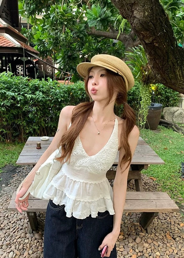 White Deep U collar Round Neck Top