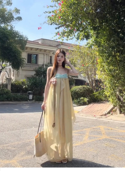 Mint Yellow Tube Chiffon Maxi Long Dress