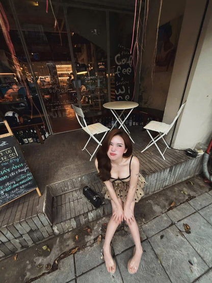 Polka Dot Strap Coffee Tube Top + Inner Shorts