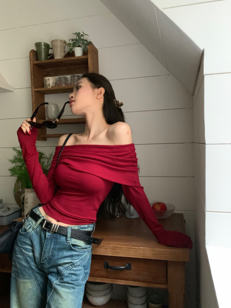 Off Shoulder Wine Red Long Sleeve Top
