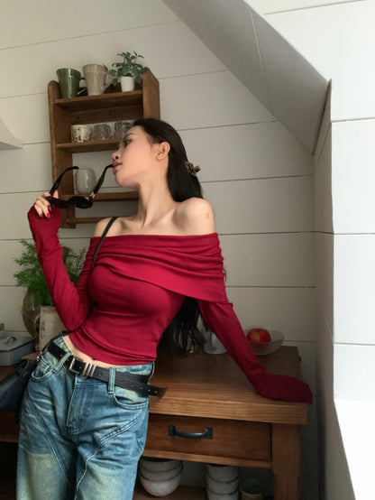 Off Shoulder Wine Red Long Sleeve Top