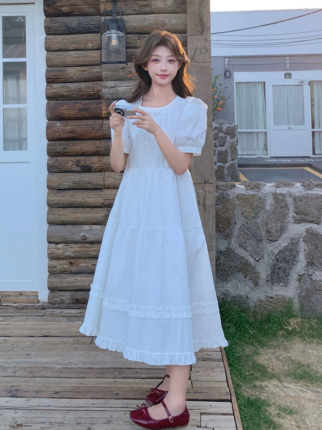 White Puff Sleeve Wide Long Dress