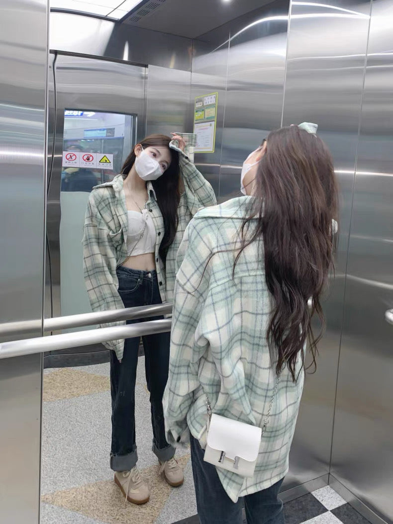 Mint Green Grid Long Sleeve Shirt