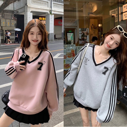 No.7 Long Sleeve Sweater Top (Pink, Grey)