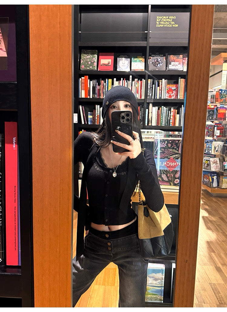 Knitted Long Sleeve Top with strap (Black, Red)