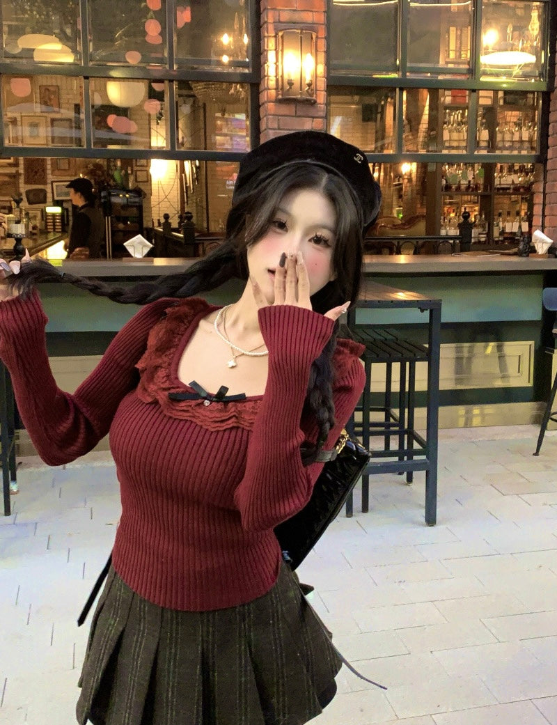 Red Knitted Long Sleeve Top