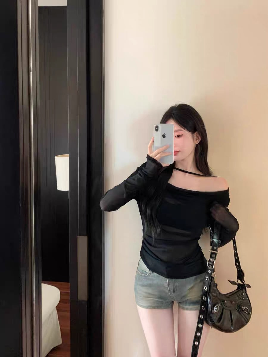 Mesh Off Side Shoulder Long Sleeve Top with tube